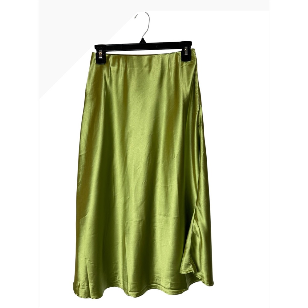 Bacio Satin Midi Skirt Women Small Green Lime A Line High Waist Minimalist - Picture 3 of 8